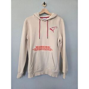 Puma Graphic Hoodie Men’s Small Beige Streetwear Warning Logo Pullover Spicy